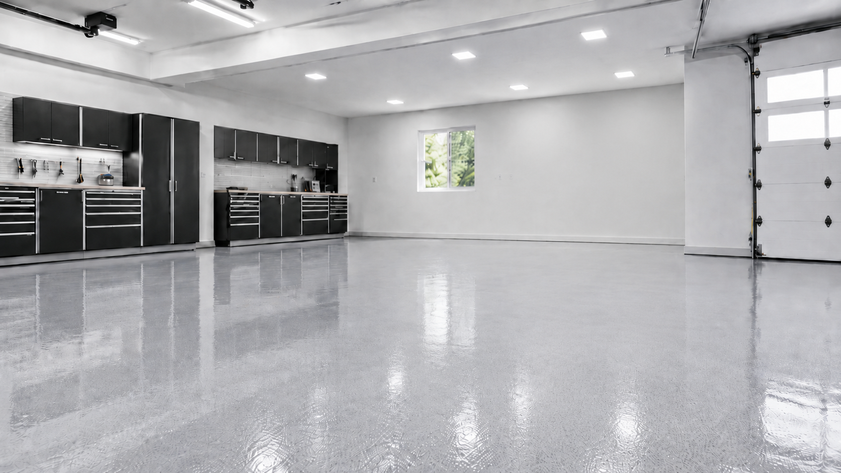 Blank grå epoxy gulvbelægning i moderne garage med sort opbevaring og rengøringsvenlig overflade.